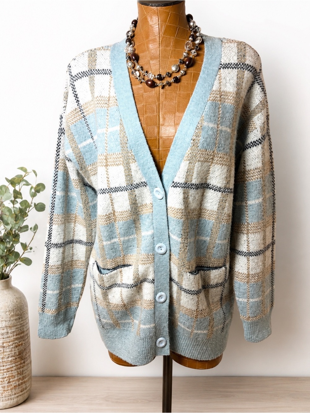 Cyrus Plaid Button Front Cardigan Sweater Blue & Cream